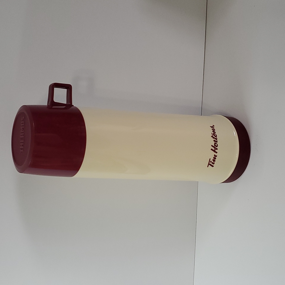 Tim Hortons Vintage  32 OZ. Thermos Glass Liner Cream Red Logo 13.5 " Ta…